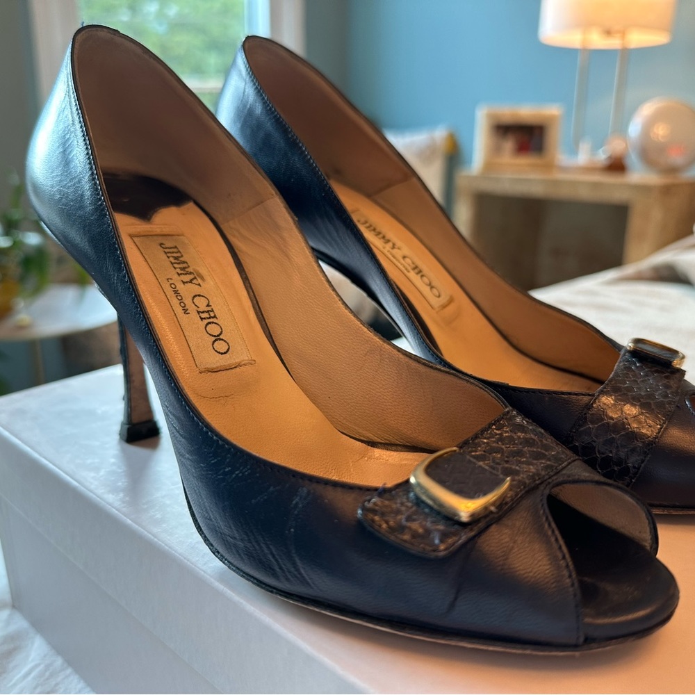 Jimmy Choo peep-toe navy kid leather heels with snakeskin buckle accent
